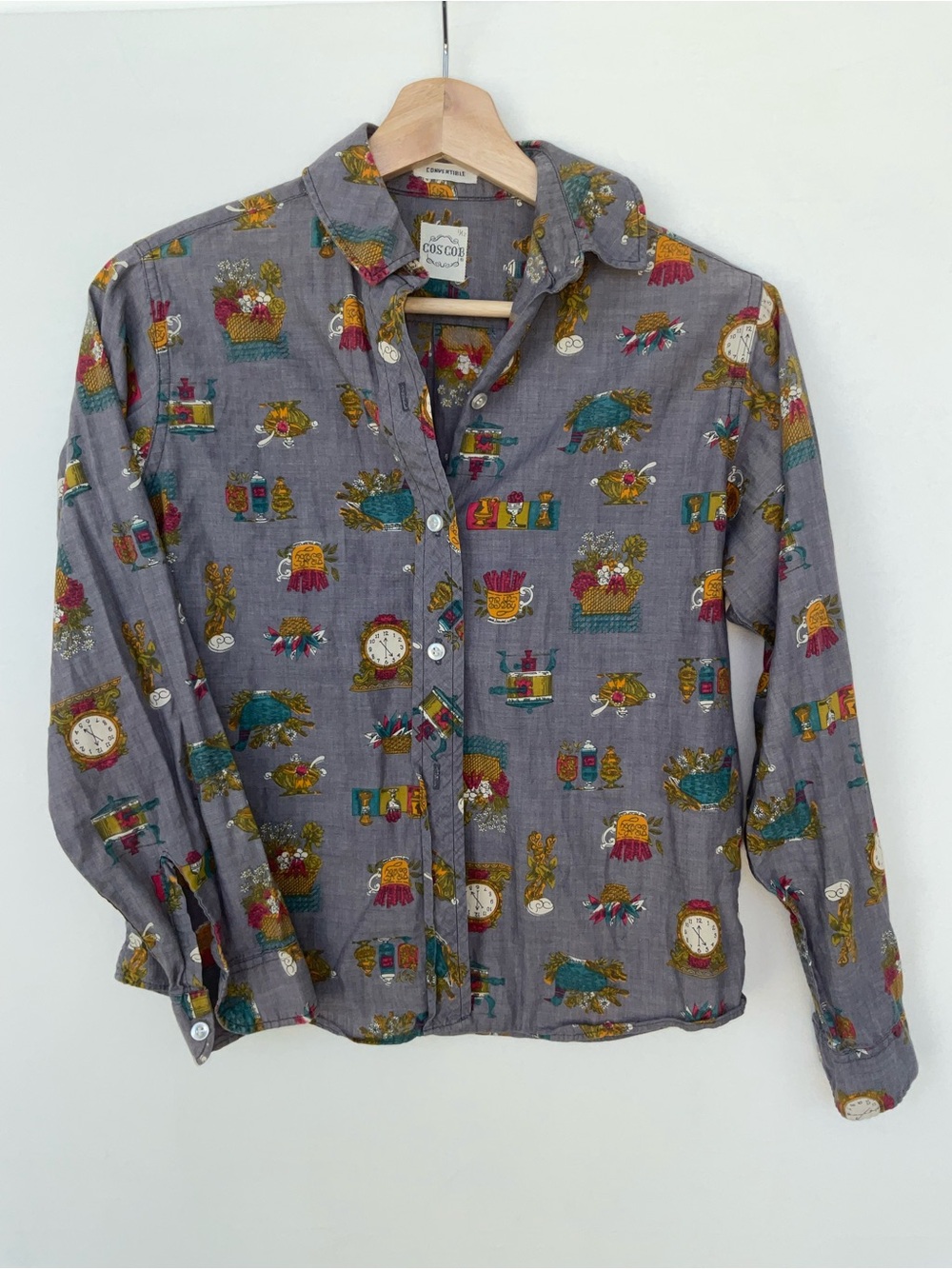 COS Gray Button-Up Shirt with Multicolor Novelty Motifs
